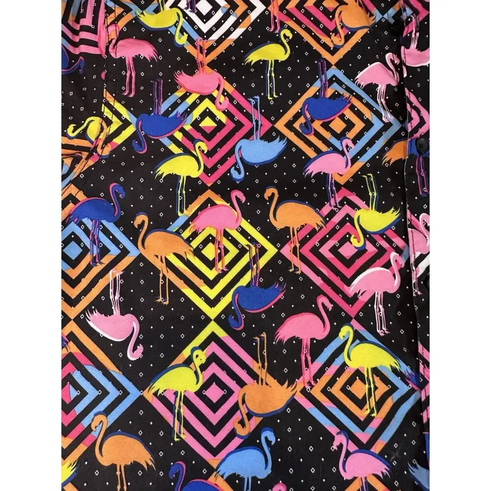 Surf Society Flamingo Shirt /Vibrant Print Against A Black Background Size XL